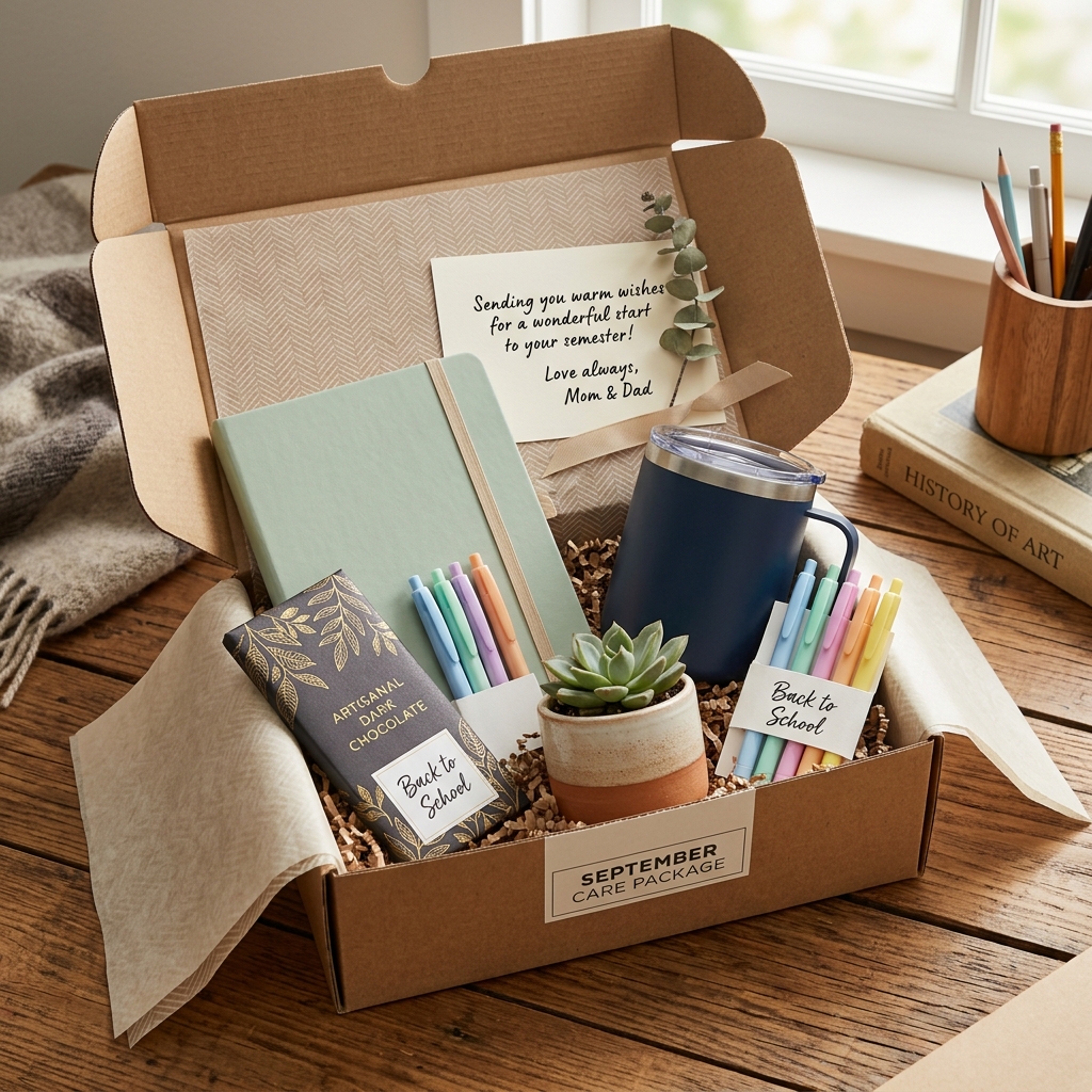 September's Back to School Box containing a premium pastel daily planner, a matte insulated navy travel mug, a colorful gel pen set, a mini succulent in a ceramic pot, an artisanal dark chocolate bar, and a handwritten note card