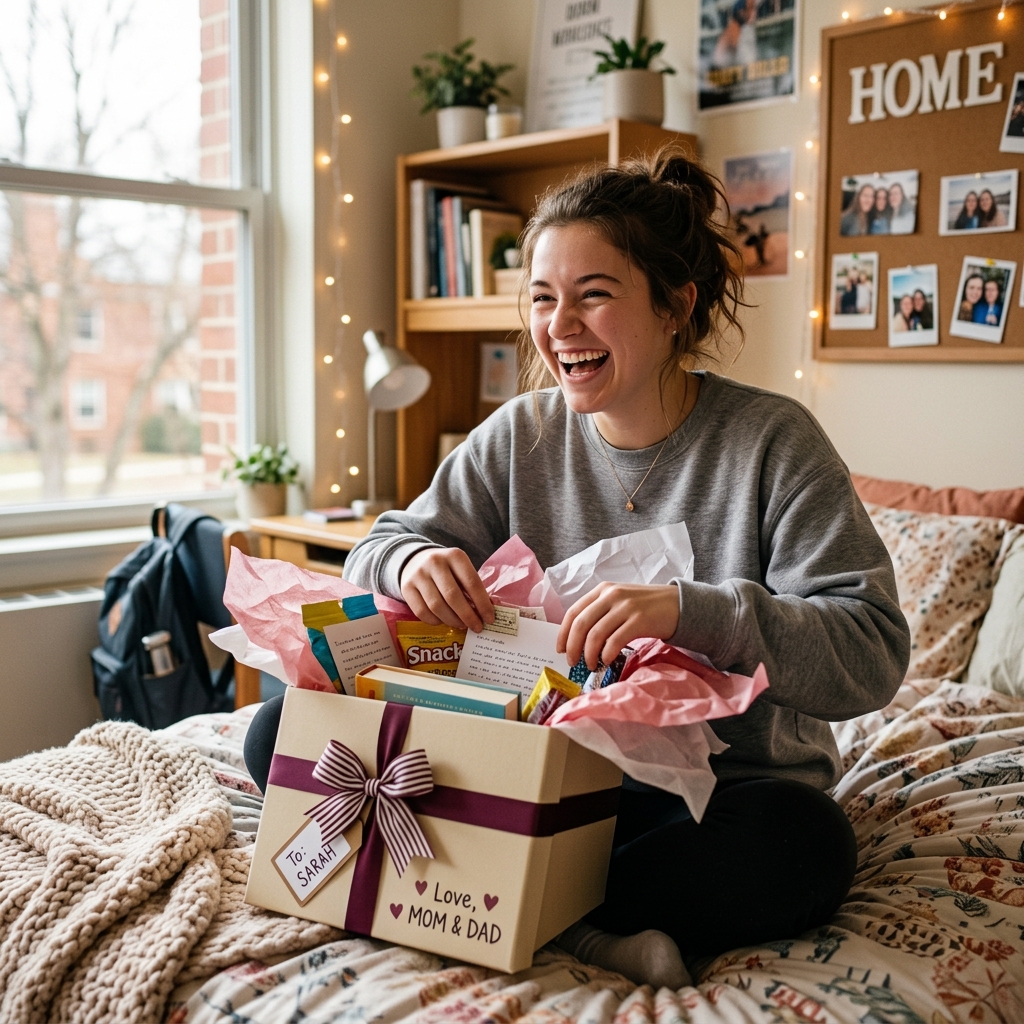 A college student sitting on their dorm bed, genuinely surprised and happy, opening a Totes of Love care package with a deep rose ribbon