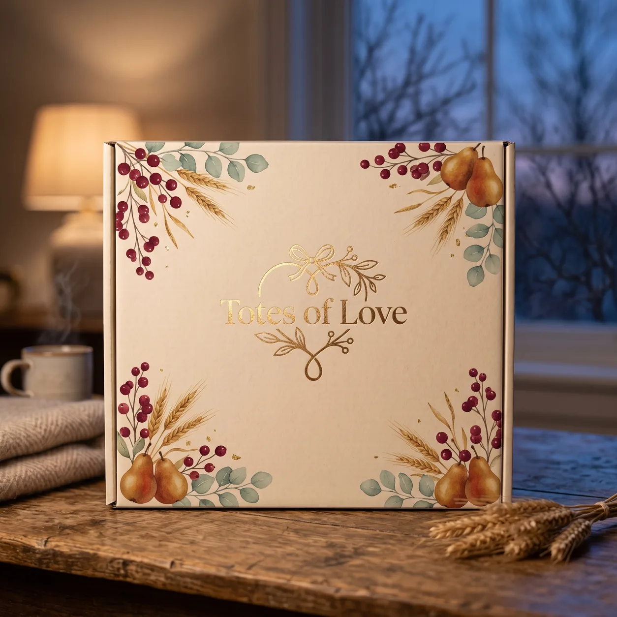 The November Totes of Love box, cream kraft printed with cranberry sprigs, wheat, eucalyptus and pears, on an oak table at dusk beside a window.