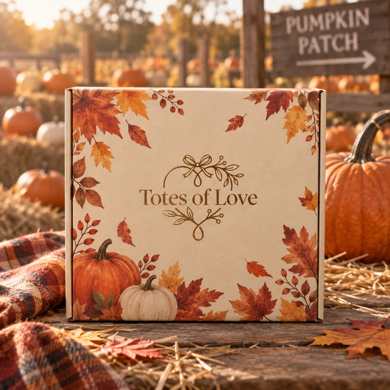 The October Totes of Love box, printed with autumn leaves and pumpkins, at a pumpkin patch.